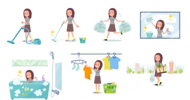 A set of women related to housekeeping such as cleaning and laundry.There are various actions such as child rearing.It's vector art so it's easy to edit.