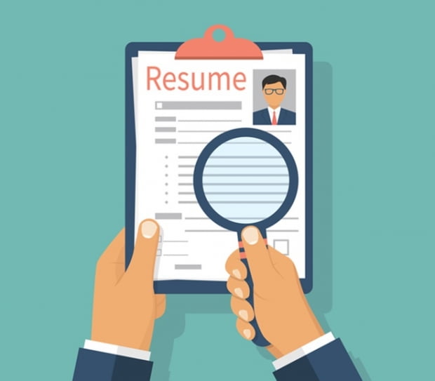 Resumes in hand. CV application. Selecting staff. Searching professional staff. Analyzing personnel resume. Recruitment, concept of human resources management. Flat design, vector illustration.