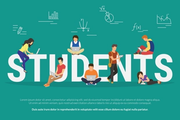 Students vector illustration of young people using laptop, tablet and smartphone for e-learning, distance studying and online education. Flat school or university people learn near letters elearning