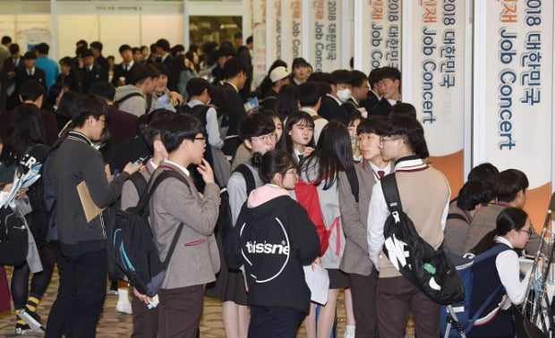 '2018 대한민국 고졸인재 잡콘서트'가 28일 경기 고양시 킨텍스에서 이틀간 일정으로 개막했다. 고교 재학생들이 공기업 부스에서 취업상담을 하기 위해 줄을 서서 기다리고 있다. 신경훈 기자 khshin@hankyung.com 2018.03.28