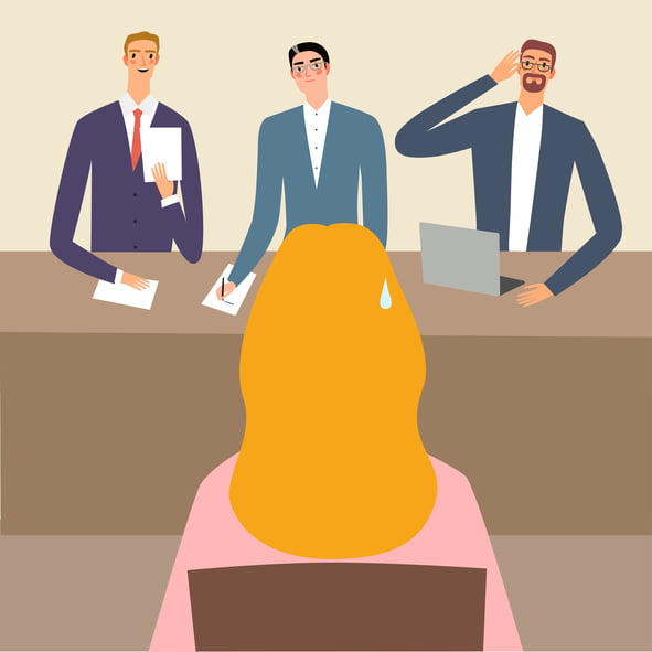 Nervous woman in the interview or exam. Set of different serious people. Illustration about job, education and gender for your design.