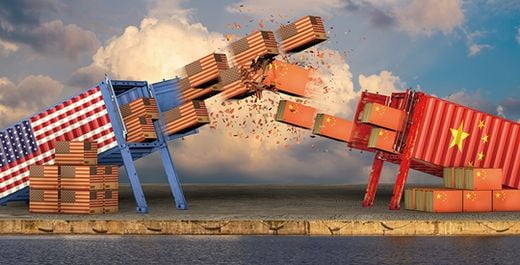 cardboard boxes with USA and China flags from containers fired towards parties competing in a trade war