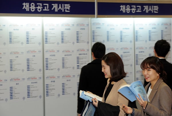 14일 성동 코엑스에서 열린 현대.기아차 '협력사 채용박람회'에서 구직자들이 채용 게시판을 살펴보고 있다.
/허문찬기자  sweat@  20130314  