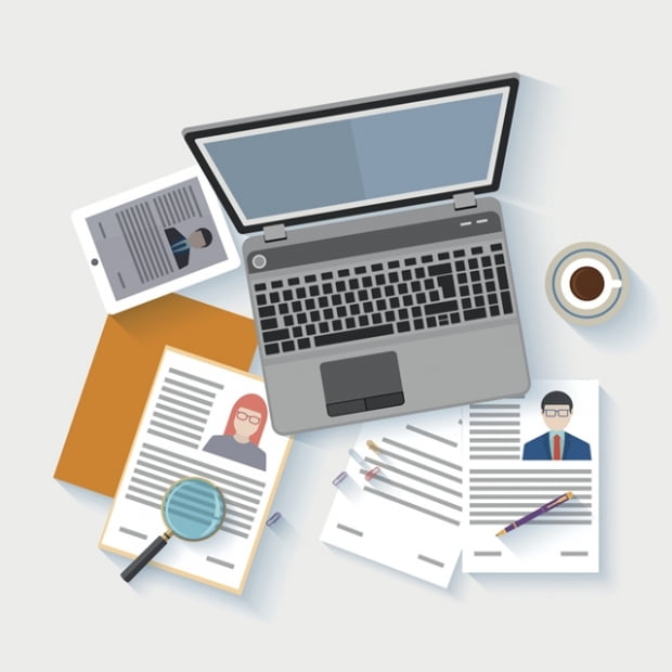 Top view of workplace with documents and laptop. Concepts for searching professional staff, analyzing resume, recruitment, human resources management, work of hr. Vector illustration.