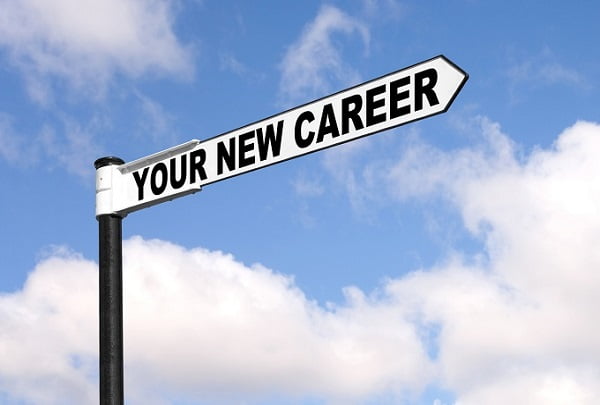 Concept image of a black and white signpost with the words Your New Career against a blue cloudy sky.