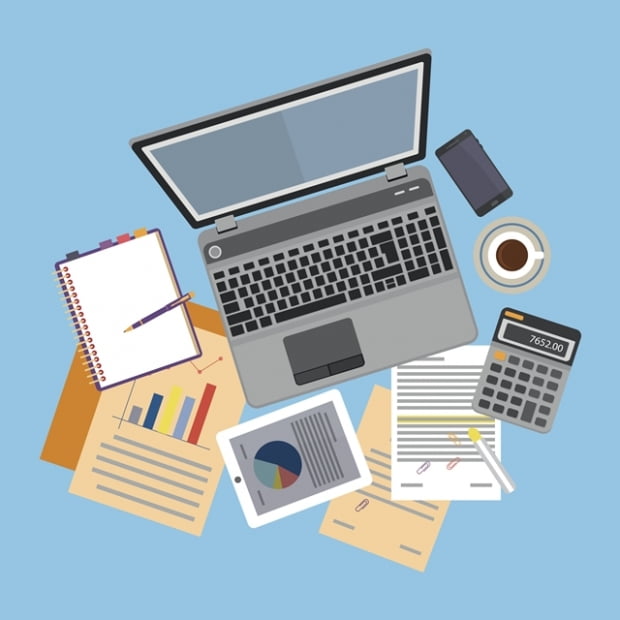 Top view of workplace with documents and laptop. Concepts for business analysis, consulting, teamwork, project management, financial report and strategy. Vector illustration. 