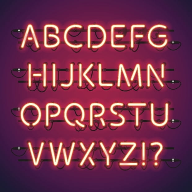 Glowing Neon Bar Alphabet. Used pattern brushes included. There are fastening elements in a symbol palette.