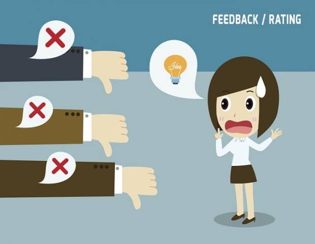 Unsuccessful businesswoman..Negative feedback conceptual..Colleagues dislike that idea..not accepted concept.