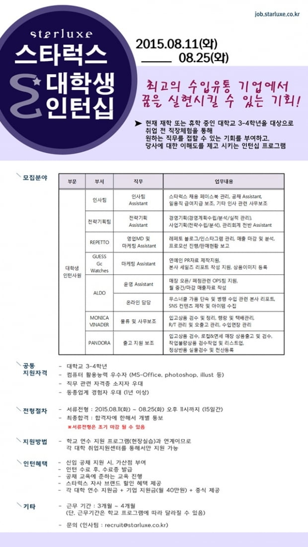 스타럭스, 2015년 하반기 인턴사원 모집