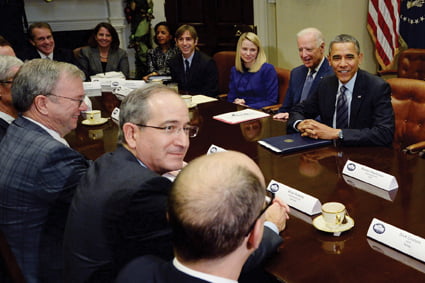 epa03994414 US President Barack Obama (back-R) and US Vice President Joe Biden (back 2-R) meet with executives from leading tech companies, in the Roosevelt Room of the White House, in Washington DC, USA, 17 December 2013. The meeting was held to discuss national security and the economic impacts of unauthorized intelligence disclosures, ways the Obama administration can partner with the tech sector to further grow the economy and performance and capacity issues with the enrollment website of the Affordable Care Act's health insurance exchanges. Also in this picture; Executive Chairman of Google Eric Schmidt (front-L), Chairman and CEO of Comcast Brian Roberts (front-C), CEO of Twitter Dick Costolo (front-R), CEO of Zynga Don Mattrick (back-L) and CEO of Yahoo Marissa Mayer (back 2-L).  EPA/MICHAEL REYNOLDS