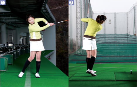 [Golf] 골프 연습장서 연습하기, 겨드랑이에 헤드 커버 끼우고 손과 귀 간격 일정하게 유지