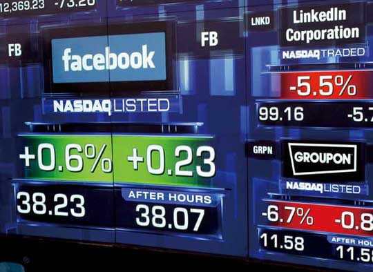 <YONHAP PHOTO-0191> Monitors show the value of the Facebook, Inc. stock at the closing bell at the NASDAQ Marketsite in New York, May 18, 2012. In late trading, Facebook shares were only a few cents above the company's initial public offering price of $38, after opening 11 percent higher, rapidly heading south to touch their initial price and then rebounding by several dollars. REUTERS/Keith Bedford (UNITED STATES - Tags: BUSINESS)/2012-05-19 07:30:30/
<저작권자 ⓒ 1980-2012 ㈜연합뉴스. 무단 전재 재배포 금지.>