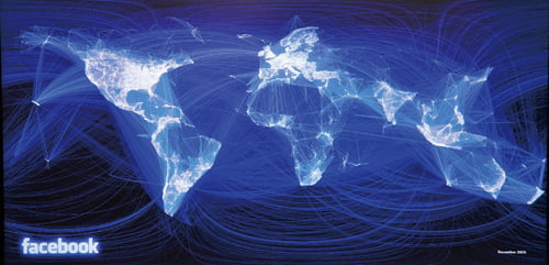 <YONHAP PHOTO-2655> This photo taken December 14, 2010 shows a map on a page from the Facebook social network site. A Facebook intern interested in seeing how political borders affect friendships around the globe has created a map of the world by sampling data from the social network's 500 million user base. The map displays friendships as lights on a deep blue background. The eastern half of the United States and Europe shine the brightest, while China, Russia and central Africa, where Facebook has little presence, are mainly dark."I was interested in seeing how geography and political borders affected where people lived relative to their friends," said Paul Butler, an intern on Facebook's data infrastructure engineering team. AFP PHOTO/Karen BLEIER
/2010-12-14 23:14:58/
<저작권자 ⓒ 1980-2010 ㈜연합뉴스. 무단 전재 재배포 금지.>