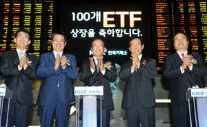 18일 서울 여의도 한국거래소에서 열린 '100개 ETF(상장지수펀드) 상장 기념식'에서 김봉수 KRX 이사장 등 참석인사들이 박수를 치고 있다.
왼쪽부터 김군호 에프엔가이드 사장 김석 삼성자산운용 사장 김 이사장 서유석 미래맵스자산운용 사장 차문현 우리자산운용 대표
/강은구기자 egkang@hankyung.com 2011.7.18