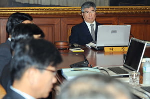 9일 오전 서울 남대문로 한국은행 본점에서 열린 금융통화위원회에 참석한 김중수 한국은행 총재가 회의전 자료를 응시하며 심각한 표정을 보이고 있다./20100909.........