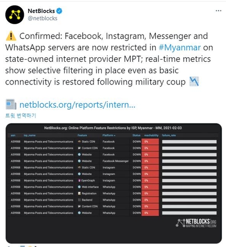 미얀마 군정, 저항운동 통로 페북 차단…일부 지역 첫 거리시위(종합2보)