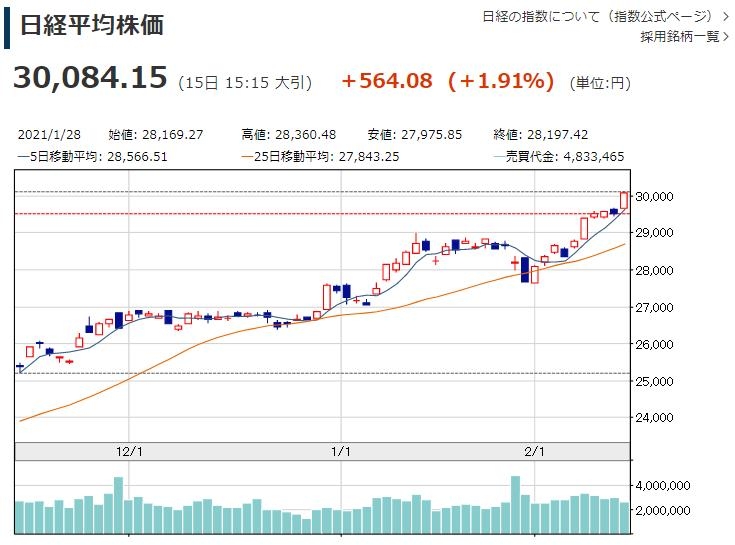 닛케이, 백신·지표호조에 30년6개월만에 30,000선 돌파