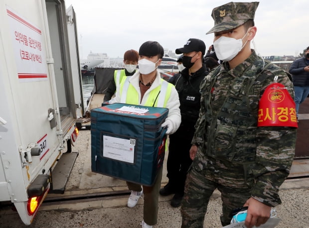 4일 오전 인천시 중구 인천항 연안여객터미널에서 방역 당국 관계자가 신종 코로나바이러스 감염증(코로나19) 백신 보관함을 들고 백령도행 여객선으로 이동하고 있다. 사진=연합뉴스