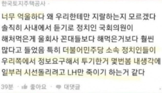 11일 블라인드 LH직원 게시판에 올라와 있는 글. [사진=블라인드 갈무리]