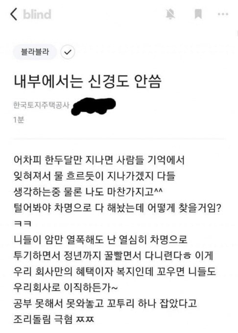 지난 9일 직장인 익명 커뮤니티 앱 블라인드에 LH 직원으로 추정되는 글이 올라와 여론의 비난을 샀다. 사진=블라인드 캡쳐