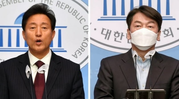 국민의힘 오세훈 서울시장 후보와 국민의당 안철수 서울시장 후보가 19일 국회 소통관에서 각각 단일화에 대한 입장을 밝히는 기자회견을 하고 있다. 2021.3.19