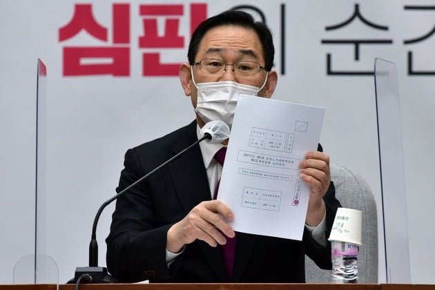 국민의힘 주호영 원내대표가 23일 오전 국회에서 열린 원내대책회의에서 오세훈 서울시장 후보의 내곡동 의혹 관련 정부 문건을 공개하며 