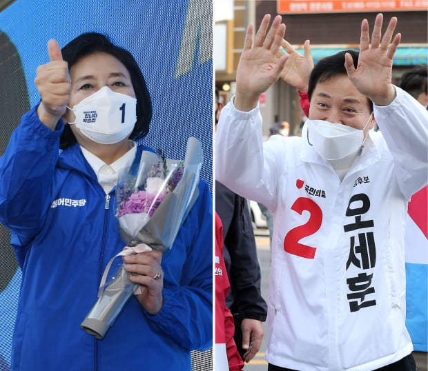 박영선 더불어민주당 서울시장 후보(왼쪽)와 국민의힘 오세훈 서울시장 후보. 사진=연합뉴스