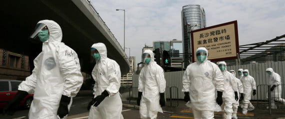 Health workers in full protective gear walk at a wholesale poultry market before culling the poultry in Hong Kong, Tuesday, Jan. 28, 2014. Hong Kong authorities began culling 20,000 birds at a wholesale market after poultry from southern mainland China tested positive for the H7N9 virus, the first time it had been found in imported poultry in Hong Kong. (AP Photo/Vincent Yu)