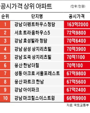 더펜트하우스청담, 공시가격 163억 1위