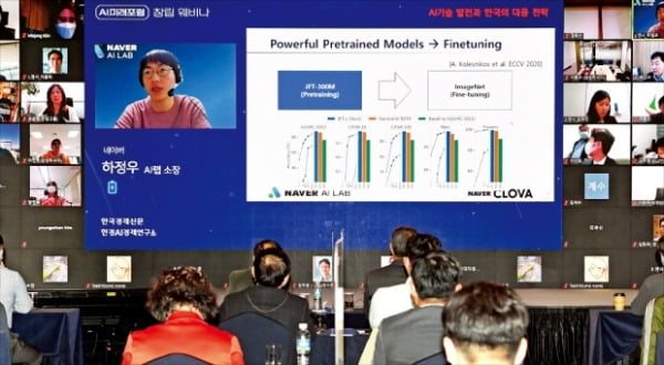 17일 서울 삼성동 그랜드인터컨티넨탈서울파르나스호텔에서 열린 AI미래포럼 창립 웨비나에서 하정우 네이버 AI랩 연구소장(화면 가운데)이 ‘AI연구의 최신 동향과 한국의 과제’를 주제로 발표하고 있다.  허문찬 기자 sweat@hankyung.com 