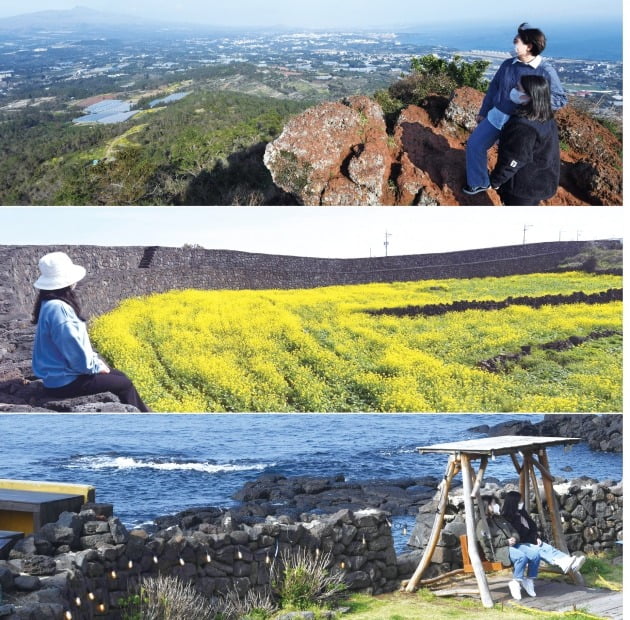 위부터 제주 안덕면 창천리 군산오름, 구좌읍 하도리 별방진, 애월읍 애월리 카페 봄날. 