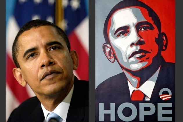 AP통신의 사진기자 매니 가르시아의 오바마 사진(왼쪽)과 셰퍼드 페어리의 ‘희망 포스터’ 작품
/AP·Shepard Fairey