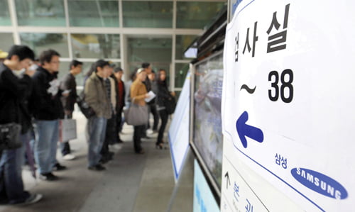 삼성그룹은 22일 상반기 대졸 신입사원 2100명을 뽑기 위한 직무 · 적성검사(SSAT)를 실시하였다. 학생들이 일원동 중동고 시험장으로 들어서고 있다.

/김병언 기자 misaeon@ 20090322..