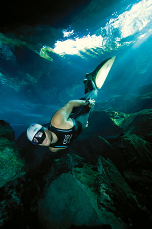 Carlos Coste World record freediver in Playa del Carmen freediving in the Doso Ojos Cave system. Carlos in training for his record attempt on the 3rd November 2010.