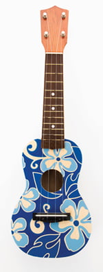 Ukulele painted with blue flowers in Hawaiian pattern.