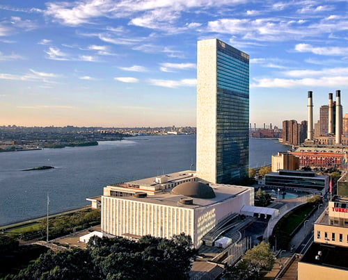 The United Nations headquarters is seen in this view looking south along New York's East River Monday morning, Sept. 5 2005. There is a growing sense of crisis as the U.N. prepares for history's biggest gathering of world leaders next week. (AP Photo/Michael Kim)


