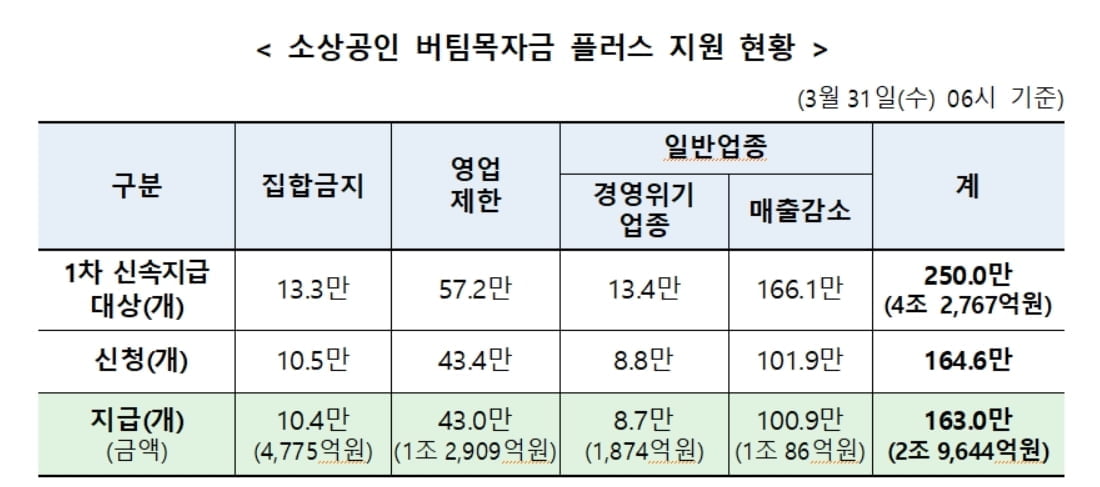 소상공인 버팀목자금 플러스, 이틀간 163만명에 3조원 지급