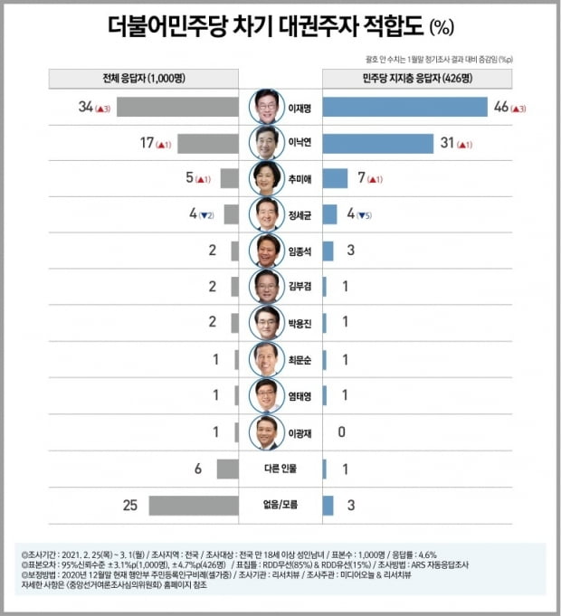 "여권 대권주자 지지율, 이재명 34% 이낙연 17% 추미애 5%"