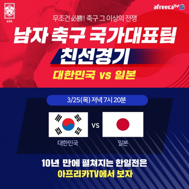 아프리카티비(TV), 10년 만에 펼쳐지는 대한민국 vs 일본 축구 친선경기 25일 생중계