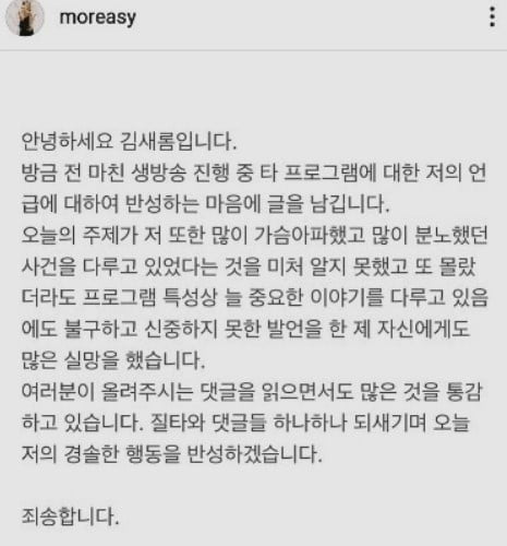 김새롬, SNS 재개…정인이 발언 사과문 삭제 후 "잘 지냈나요"