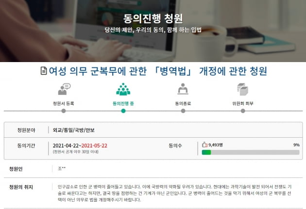 [단독] 국회에도 '여성 징병' 청원…하루 만에 9000여명 동의