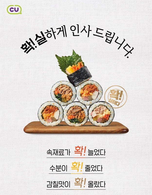 BGF리테일은 편의점 CU가 오는 27일부터 일반김밥의 맛과 품질을 개선한 제품을 ‘확!실한 김밥’이란 콘셉트로 순차 출시할 계획이라고 26일 밝혔다. 사진=BGF리테일 제공