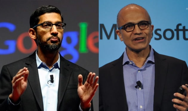 순다르 피차이 구글 CEO(왼쪽)와 사티아 나델라 MS CEO