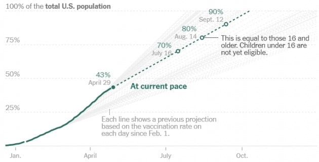 미국의 백신 접종률은 29일(현지시간) 현재 전체 인구 대비 43%를 기록 중이다. 미 질병통제예방센터 및 뉴욕타임스 제공

