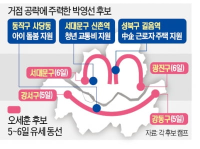 박영선, 서남권 촘촘한 '핀셋 유세'…오세훈, 크게 도는 '스마일 대장정'