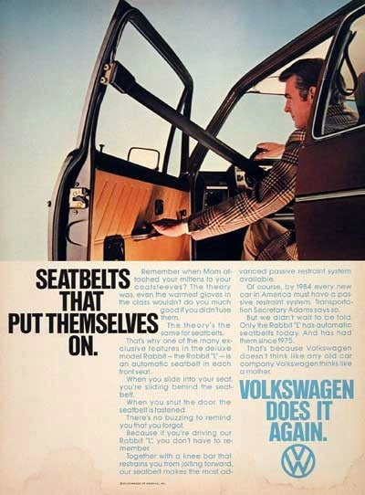 폭스바겐의 자동 안전벨트를 소개하는 1978년의 매거진 광고. /폭스바겐그룹