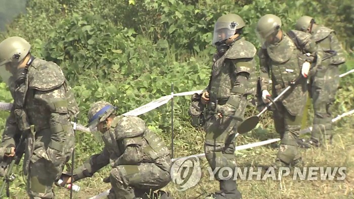 군, 민통선·방공진지 주변 지뢰제거…보호장구 착용