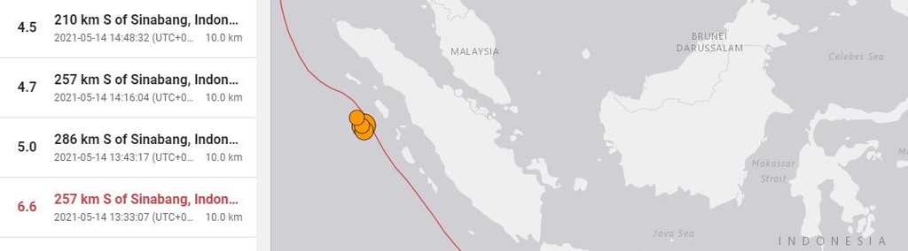 인니 수마트라섬 서부해역 규모 6.6 지진…명절 즐기다 공포(종합)
