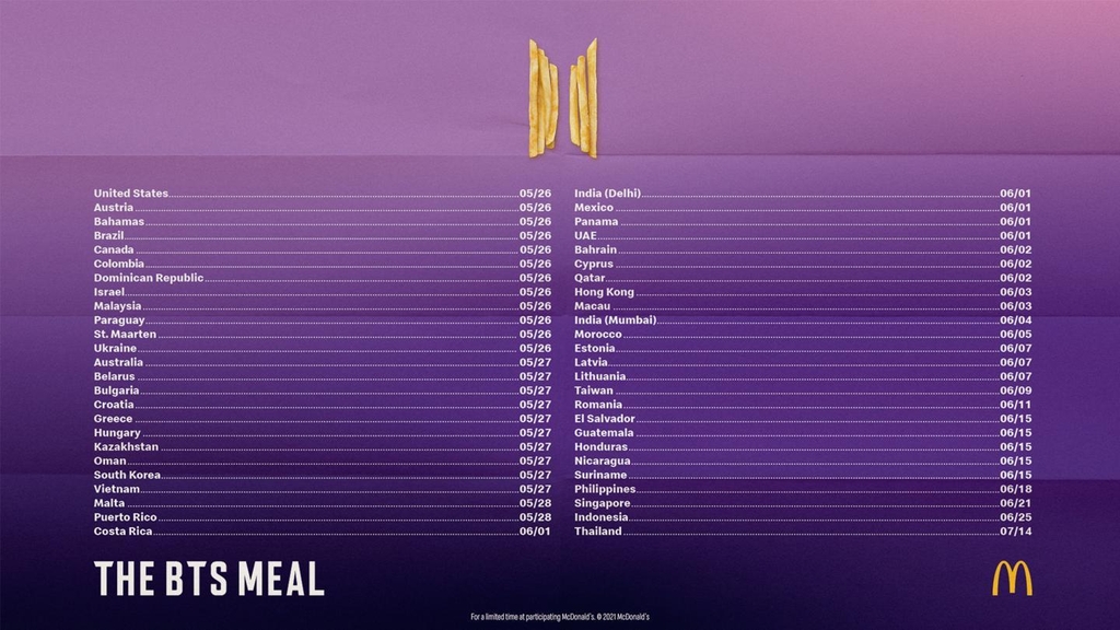 맥도날드, BTS 세트메뉴 글로벌 판매 시작…미 전역에 TV 광고