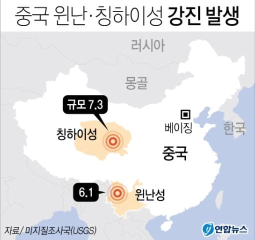 中 윈난·칭하이 규모 6∼7 지진…"이재민 8만명"